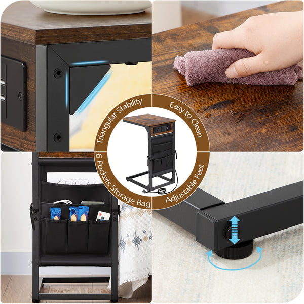 AMHANCIBLE 1pc/2pcs C-Shape Side Table Featuring a Charging Station, Bedside Table with a Storage Pouch, And a Coffee Table with a Metal Frame Suitable for Living Rooms, Bedrooms, And Offices