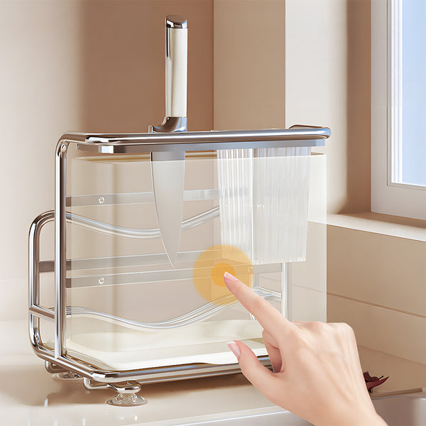 1pc Multifunctional Knife Rack with Draining Tray, Integrated Storage Rack for Cutlery, Countertop Kitchen Organizer for Knives, Chopsticks, Cutting Boards, Utensils, Chopping Boards, Pot Lids & More, Durable Space-Saving Kitchen Storage Holder, Heavy-Dut