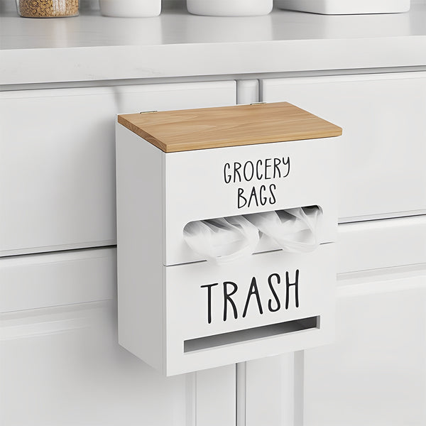 White/Black Two-Tier Wooden Trash Bag Storage Box Trash Bag Holder, Kitchen Plastic Wrap & Bag Organizer with Lid, Large Capacity Hanging Storage Container, Household Storage Accessories