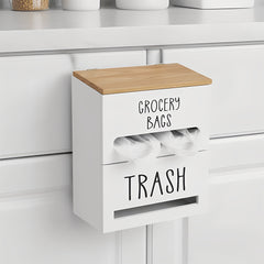 White/Black Two-Tier Wooden Trash Bag Storage Box Trash Bag Holder, Kitchen Plastic Wrap & Bag Organizer with Lid, Large Capacity Hanging Storage Container, Household Storage Accessories