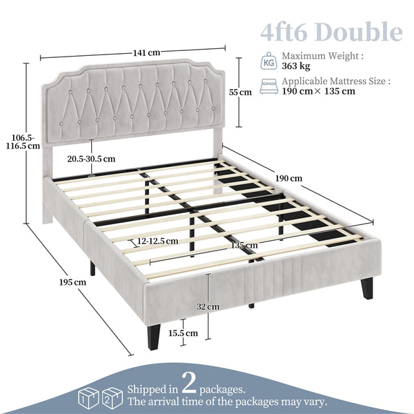 Costoffs Double/King Bed Frame Upholstered Platform Bed with Adjustable Button Tufted Headboard/Velvet Fabric/Mattress Foundation/Sturdy Wooden Slat Support, No Box Spring Needed, Black/Beige/Dark Grey/Light Grey