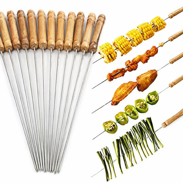 Mini 12pcs Reusable Stainless Steel Metal BBQ Skewers with Metal & Wooden Handle, Barbecue Sticks Brochettes Safe Grill Tools for BBQ, Family Gathering, Cocktail, Party Essential, Friends, Outdoor Kebab 29.5cm