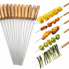 Mini 12pcs Reusable Stainless Steel Metal BBQ Skewers with Metal & Wooden Handle, Barbecue Sticks Brochettes Safe Grill Tools for BBQ, Family Gathering, Cocktail, Party Essential, Friends, Outdoor Kebab 29.5cm
