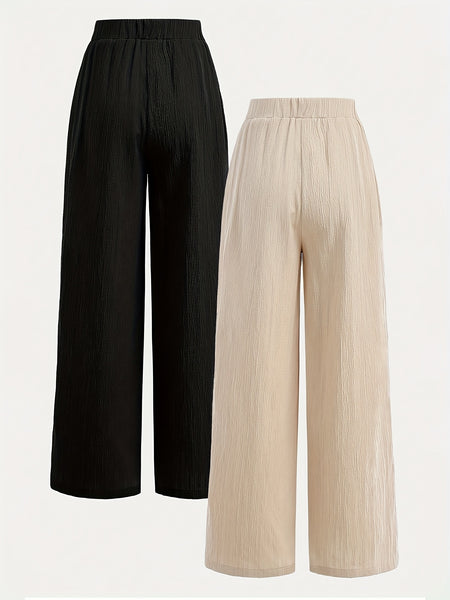 2pcs Women's Wide-Leg Pants with Elastic High Waist Loose Fit Straight Leg + Step