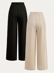 2pcs Women's Wide-Leg Pants with Elastic High Waist Loose Fit Straight Leg + Step