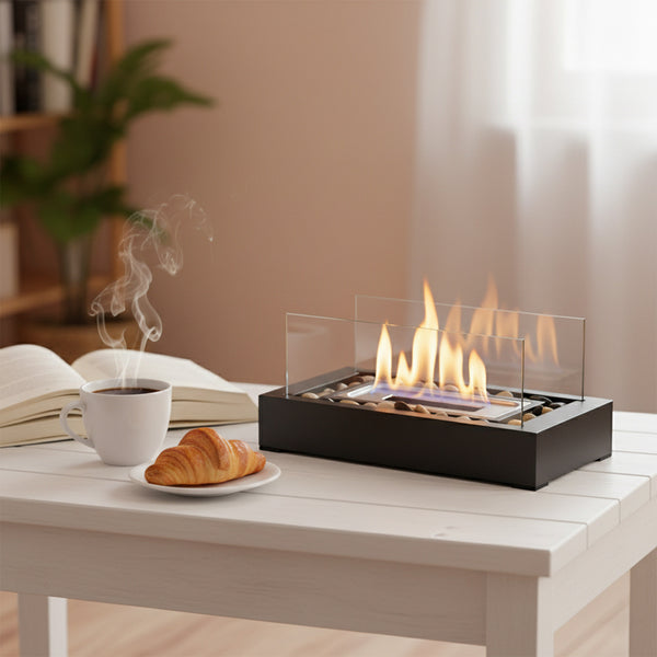 Rectangular Two-pane Glass Fireplace | Black Multi-functional Desktop Warm Stove, Contemporary Style, Metal, No Lighter Device, Suitable for Desktop or Small Space Usage