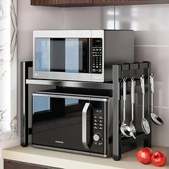 2/3 Layer Expandable Kitchen Microwave Stand with 6 Hooks, Designed for Efficient Utensil Organization, Adjustable Width Fits Most Microwaves, Promoting Orderliness And Ease In The Kitchen Festival Gifts