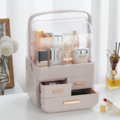 3-Tier Pink Jewelry Storage Box with Protective Lids, Plastic Makeup Organizer Features Multi-Drawer System, Desktop Display Case 24.6x18.6x35.3cm Perfect for Organizing Lipsticks, Cosmetics and Jewelry Pieces on Bathroom Counter and Dresser Top