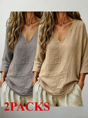 2 PACKS V-Neck 3/4 Sleeve Tops, Women'S Loose Breathable Summer Casual Blouse Shirts