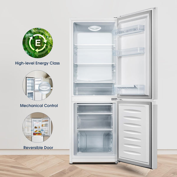 Fridgemaster MC50175A 50Cm Freestanding 60/40 Fridge Freezer - 175-Litre Capacity with Crisper Box - Reversible Door - LED Lighting- 4 Star Freezer Rating - White - E Rated