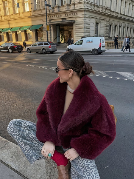PEACHYZL Women'S Elegant Faux Fur Coat - Thickened Winter Jacket with Plush Lining, Loose Fit Long Sleeve Coat for Fall/Winter, BrownRed/