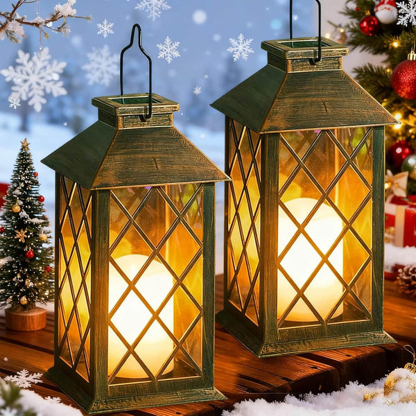 Solar Lanterns for the Garden, 2 Pack Garden Gifts, Waterproof Outdoor Lanterns with Flickering Flame Candle, Hanging Solar Lights Outdoor for Table Yard Pathway Wall Patio - Bronze