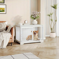 Dog Crate Furniture, 100.08cm Double Door Dog Crate with Barn Door, Dog Kennel Indoor, End Side Table Wooden Dog Crate for Small Medium Large Dog, Anti-Chew Anti-Escape, Greige, White