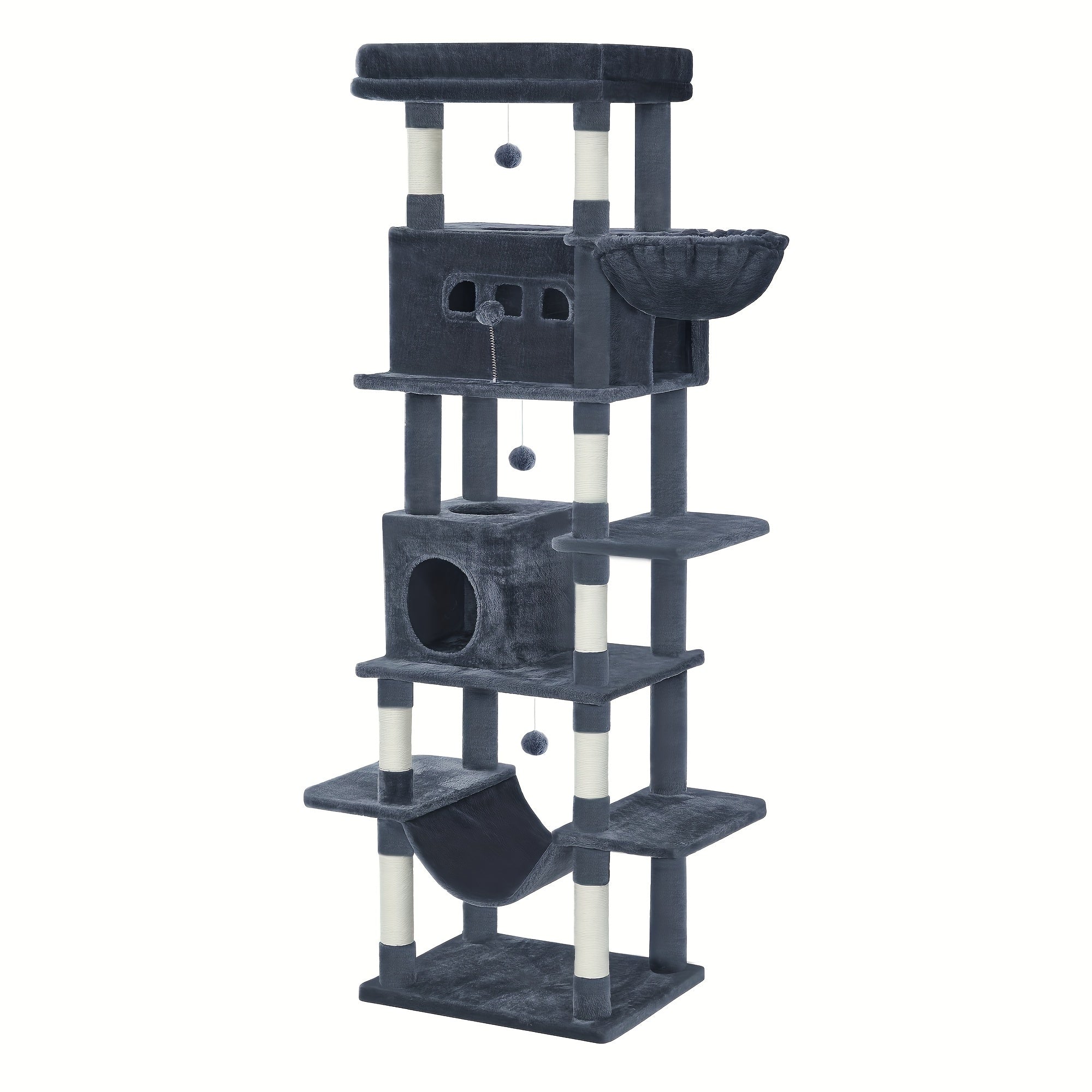 170cm Large Cat Tree, Cat Tower for Maine Cat, Multi-Storey Scratching Post with Large Perch, Washable Mat, Cat House Furniture with 2 Caves, 8 Scratching Posts, Light Grey, Dark Grey