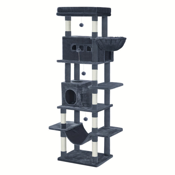170cm Large Cat Tree, Cat Tower for Maine Cat, Multi-Storey Scratching Post with Large Perch, Washable Mat, Cat House Furniture with 2 Caves, 8 Scratching Posts, Light Grey, Dark Grey