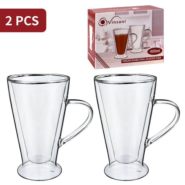 Vinsani Double Walled Coffee Drink Glasses Tea Cup Mug Heat Cold Resistant Aesthetic Clear Borosilicate Glass with Handle Cappuccino Latte Tea Dessert Hot and Cold Drinks