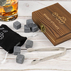 Whiskey Stones Gift Set 9pcs Luxury Wooden Box Chilling Rocks Ice Cubes Serve