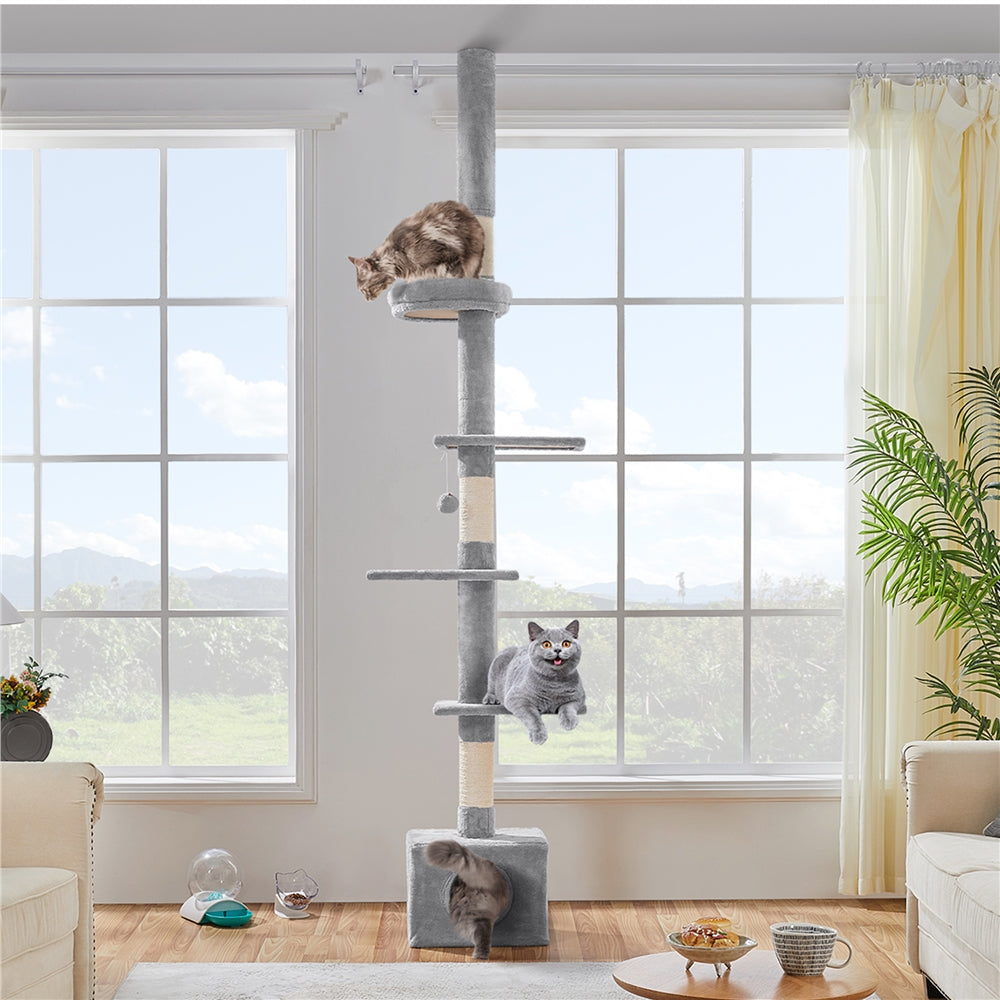 Costoffs Cat Tree, Floor-to-Ceiling Cat Tree Tower, 226-266cm Adjustable Large Height Cat Tree, Tall Cat Tree with 4 Perches and Scratching Posts For Small Medium-Sized Cats