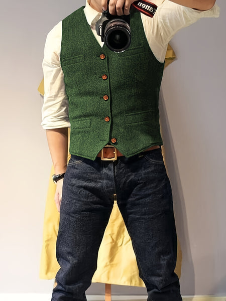 Men'S Vest Wool Blend Herringbone Vintage Men'S Fashion Vest, Groom Best Man Formal Wedding Party Casual Vest