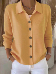Women Lapel Collar Button Front Solid Long Sleeve Loose Casual Cardigan Top