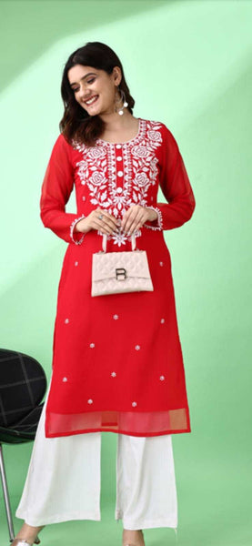 Estationeryhouse Women's Georgette Lucknowi chikankari kurti, Rose Design with Heavy Embroidery, Without Bottom