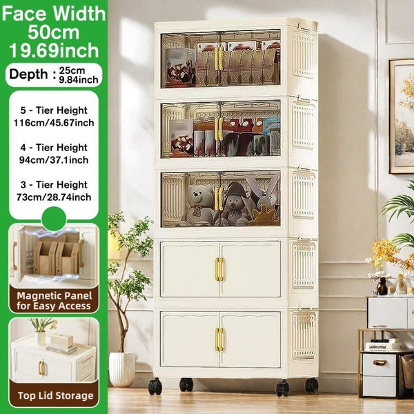 Large-Capacity Foldable with Magnetic Double Doors & Wheels - Heavy-Duty Plastic Suitable for Clothes, Bedcovers, Blankets - Space-Saving Sturdy Shelving Unit for Home, Office, Bathroom - Ideal Holiday Gift