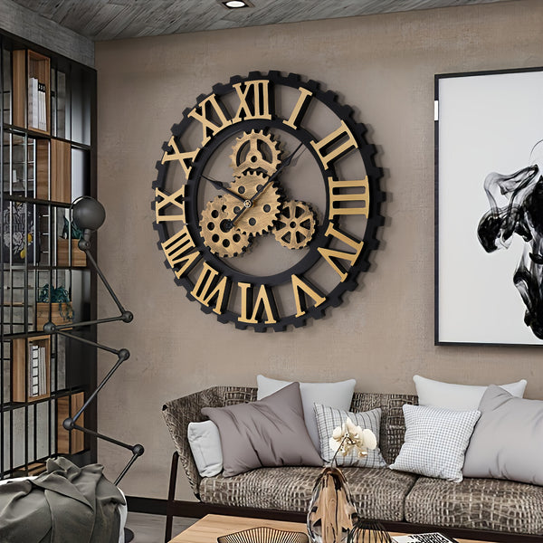 50cm European Vintage Gear Wall Clock with Large Roman Numerals, Outdoor Garden Wall Clock, Industrial Style Giant Open Face Skeleton Clock, Silent Non-Ticking Quartz Clock, Living Room Bedroom Office Kitchen Patio Bar Farmhouse Clock, Christmas & Hallowe