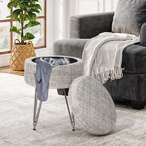 1pc Round Footrest Stool Ottoman with Storage, Makeup Vanity Chair Stool Side Table, Dressing Table Stool with Metal Legs, Couch Stool Portable Space-saving Lounge Chair for Living Room Bedroom Office Kitchen, 38x38x48cm (White)
