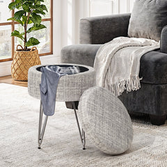 1pc Round Footrest Stool Ottoman with Storage, Makeup Vanity Chair Stool Side Table, Dressing Table Stool with Metal Legs, Couch Stool Portable Space-saving Lounge Chair for Living Room Bedroom Office Kitchen, 38x38x48cm (White)