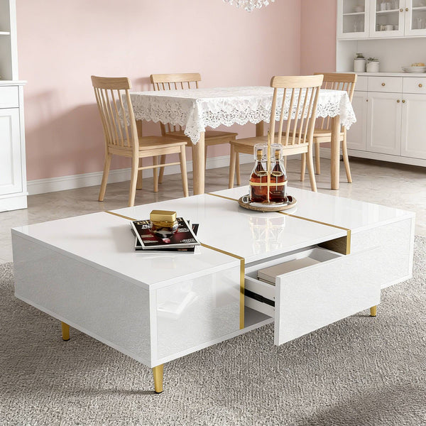 Modern Simple White High-gloss Coffee Table - 2 Drawers Storage Design For Small Space And Home Decor