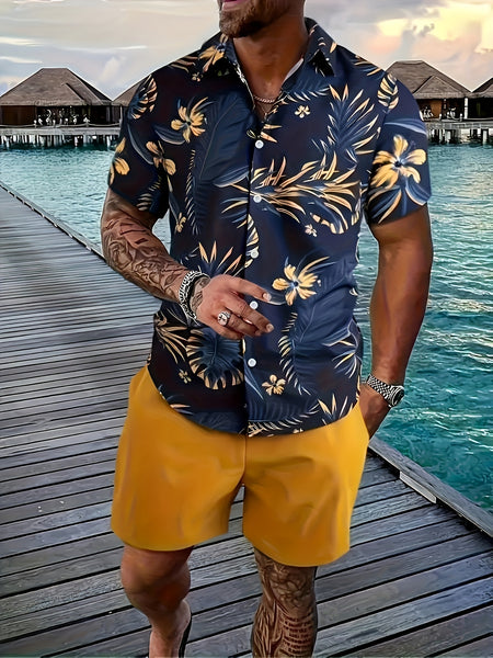 3pcs Men'S Tropical Hibiscus & Palm Leaf Print Short Sleeve Summer Shirts - Breathable Non-Stretch Fabric, Button-Up Collar Casual Button-Up Shirt with Tropical, Hibiscus & Palm Leaf Design, Machine Washable, Perfect For Beach, Vacation