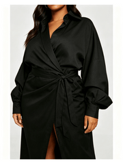 Women Wrap Midi Shirt Dress, Long Sleeve Lapel Side Zip Ruched Split Hem Dresses, Casual Office Party Dress