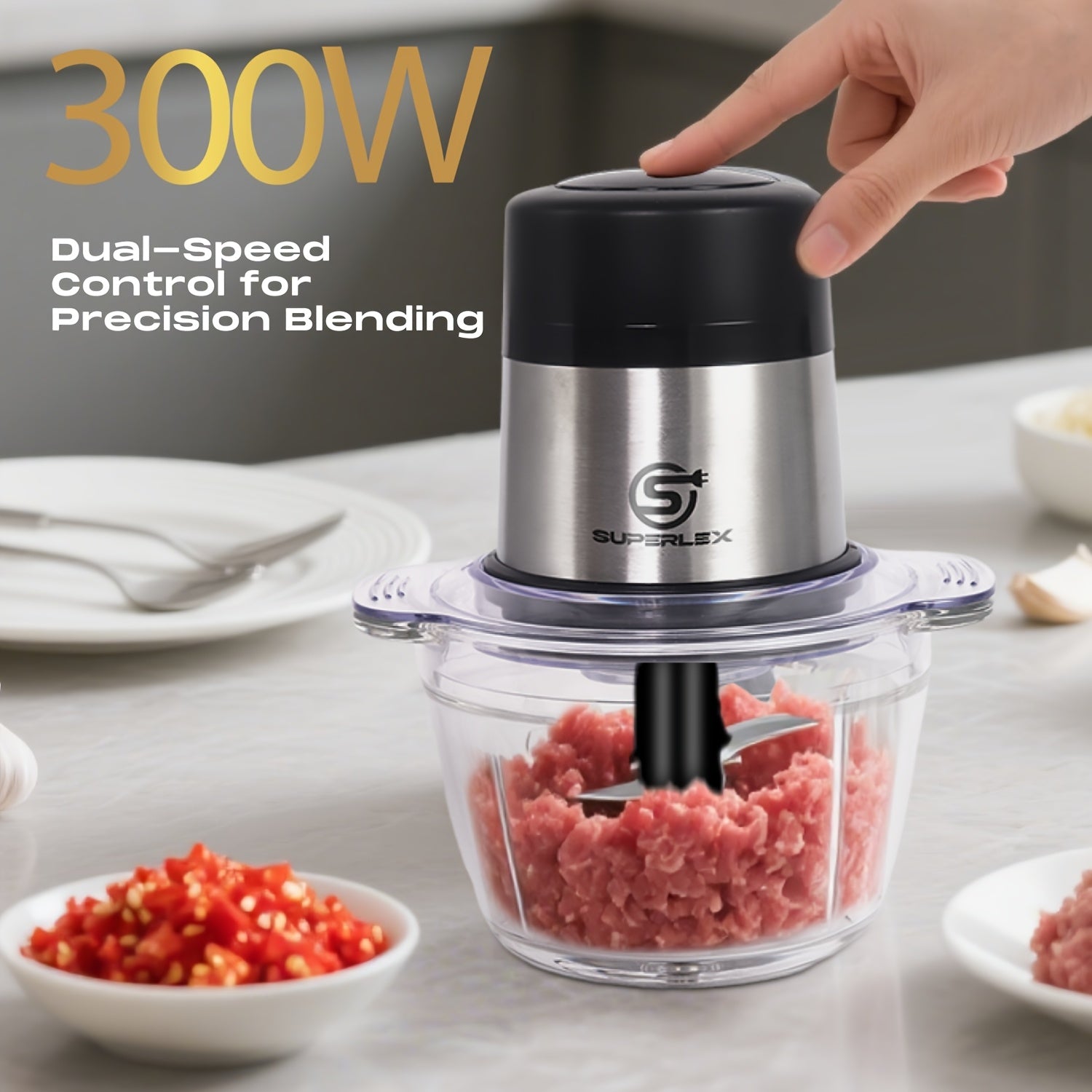 SUPERLEX Mini Chopper 300W Motor 6 Second Quick Mincing Dual Speed Control 1000ml Capacity One Touch Chop
