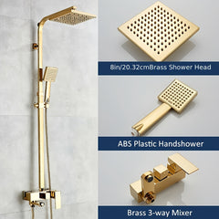 Modern Square Golden Shower Faucet System with Rainfall Shower Head & Bathtub Spout - Exposed Wall-Mounted Stainless Suitable for Bath/Shower, Polished, Splitter Valve, for or Commercial Use