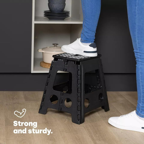 Strong Plastic 18 Inch Black Folding Step Stool - Premium Compact and Lightweight Anti Slip Foldable Stool with Handles for Kids and Adults
