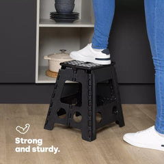 Strong Plastic 18 Inch Black Folding Step Stool - Premium Compact and Lightweight Anti Slip Foldable Stool with Handles for Kids and Adults