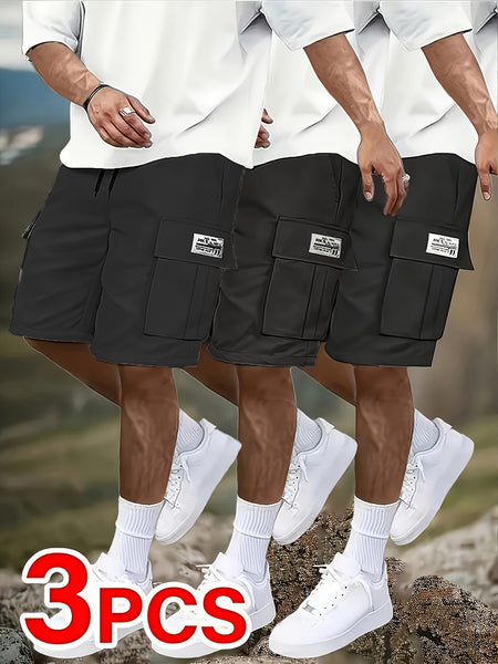3pcs Men's Casual Cargo Shorts - Mid-Rise Elastic Waist, Multiple Utility Pockets, Loose Fit Durable Fabric for Golf & Outdoor Activities (Black, Beige, Light Gray, Dark Gray), Active Clothing | Relaxed Style | Flexible Comfort