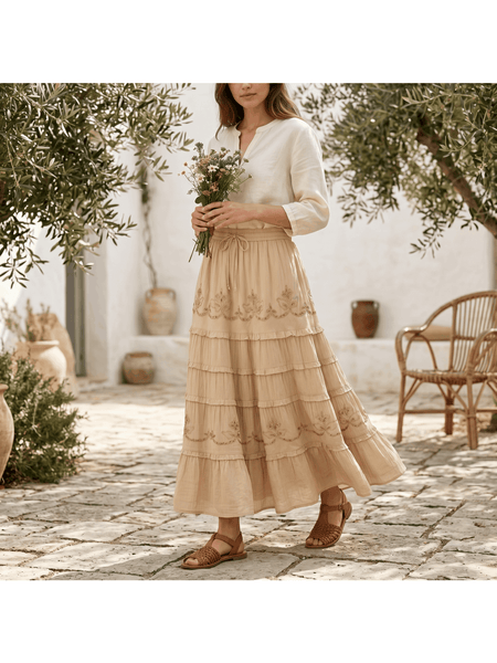 Women’s Vacation Tiered Maxi Skirt Elastic Waist Floral Embroidery Ruffle Hem - 20001