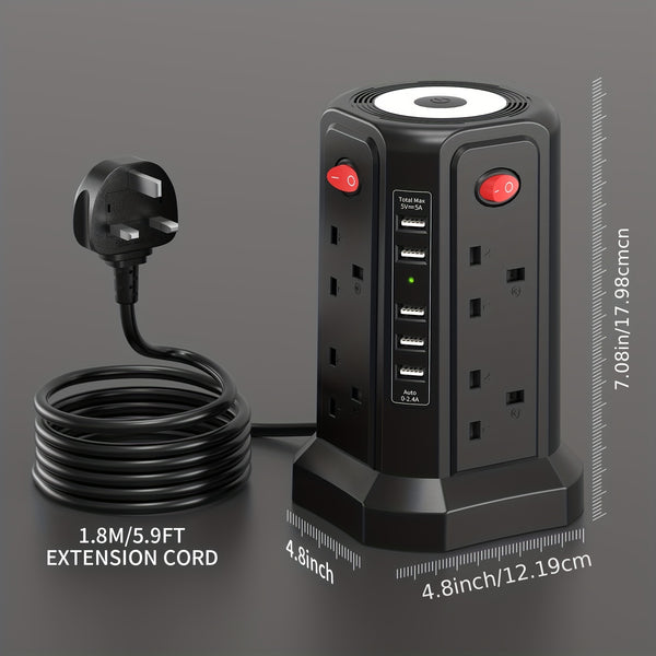 Upgraded New Product Tower Extension Lead with USB Slots 3.02m, 20W Fast Charger with Night Light, (13A 3250W)5 USB Ports & 8 Way, Surge Protected Extension Lead with 4 Independent Switch, Extension Cable for Home Office for Business for Factory