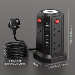 Upgraded New Product Tower Extension Lead with USB Slots 3.02m, 20W Fast Charger with Night Light, (13A 3250W)5 USB Ports & 8 Way, Surge Protected Extension Lead with 4 Independent Switch, Extension Cable for Home Office for Business for Factory