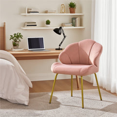 Costoffs Velvet Accent Chair Modern Side Chair Vanity Chair Leisure Chair with Shell-shaped Backrest and Golden Metal Legs, Versatile Use Lounge Chair for Living Room/Bedroom/Home Office/Kitchen, White/Pink