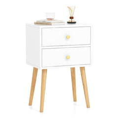 GYMAX Nightstand, Mid-century Modern Bedside Table with 2 Drawers, End Table with Solid Wood Support Legs for Small Spaces, Versatile in Living Room Bedroom, White