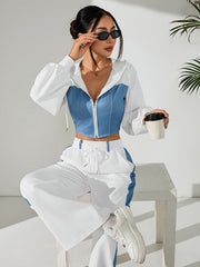 Women'S Suit Featuring a Two-Piece Set with Contrasting Colors, a Short Zip-Up Jacket with Long Sleeves for Spring And Autumn, Paired with Straight-Cut Elegant Casual Pants