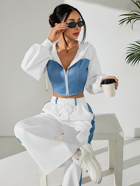 Women'S Suit Featuring a Two-Piece Set with Contrasting Colors, a Short Zip-Up Jacket with Long Sleeves for Spring And Autumn, Paired with Straight-Cut Elegant Casual Pants