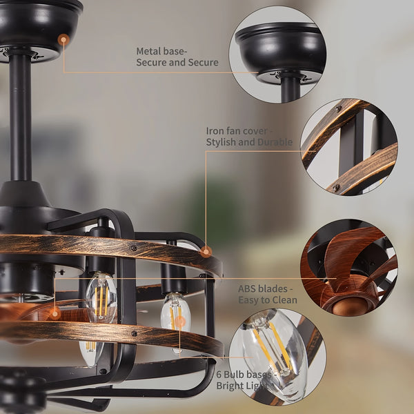 Farmhouse Ceiling Fans with Light 3 Speeds Reversible Ceiling Fan Remote Control Timing Flush Mount Low Profile Vintage Ceiling Fan with Lights Bedroom Kitchen 6* E12 Bulb