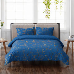 1set Blue Gilded Stone Pattern Printed Shimmering Bedding Set of Three Pieces, Equipped with 2 Pillowcases Suitable for All Seasons and 1 Soft and Comfortable Duvet Cover