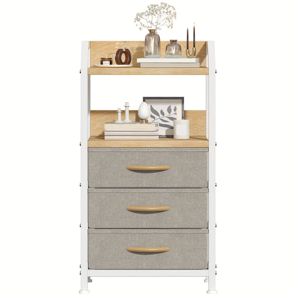 Industrial Rustic End Table with Storage - Nightstand with 3 Fabric Drawers & 2 Shelves, Wood & Metal Bedside Table Suitable for Bedroom, Living Room, Small Spaces - Assembly, Space-Saving