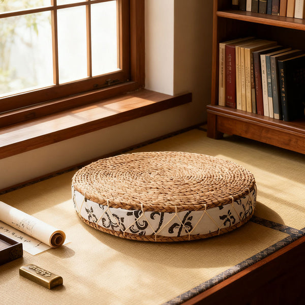 Japanese Style Rustic Handwoven Corn Husk Seat Cushion - Natural Thick Padded Tatami Floor Mat, 40cm/45cm Round Braided Meditation Pillow for Yoga, Floor Sitting