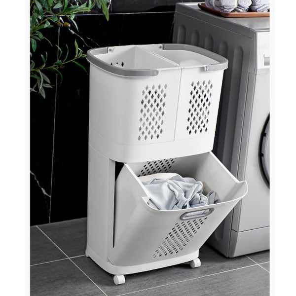 1 piece, white, bathroom and toiletries storage basket, upper layer can be used separately, non perforated household multifunctional plastic dirty clothes basket, multi-layer snack, beverage, toy storage basket, household small item storage basket, freely