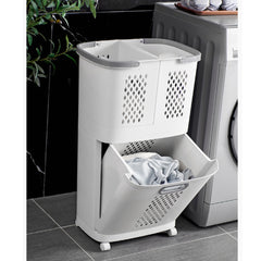 1 piece, white, bathroom and toiletries storage basket, upper layer can be used separately, non perforated household multifunctional plastic dirty clothes basket, multi-layer snack, beverage, toy storage basket, household small item storage basket, freely